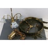 Gilt Metal Three Branch Hanging Ceiling Light with Three Pale Green Frilled Glass Shades, 43cms