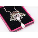 A silver plique a jour Butterfly necklace with opal drop