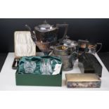 Collection of Silver Plate including Four Piece Tea Service, Silver Plated Cigarette Box, Cased