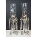 A pair of 19th century Cut Glass Lamps with hanging lustres