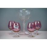 Glass comport with spiral twist stem, together with four cranberry glasses