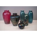 A collection of six Royal Brierley iridescent art glass vases.