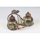 Chinese / Japanese Bronze Standish comprising two globular glass inkwells on a stand featuring a
