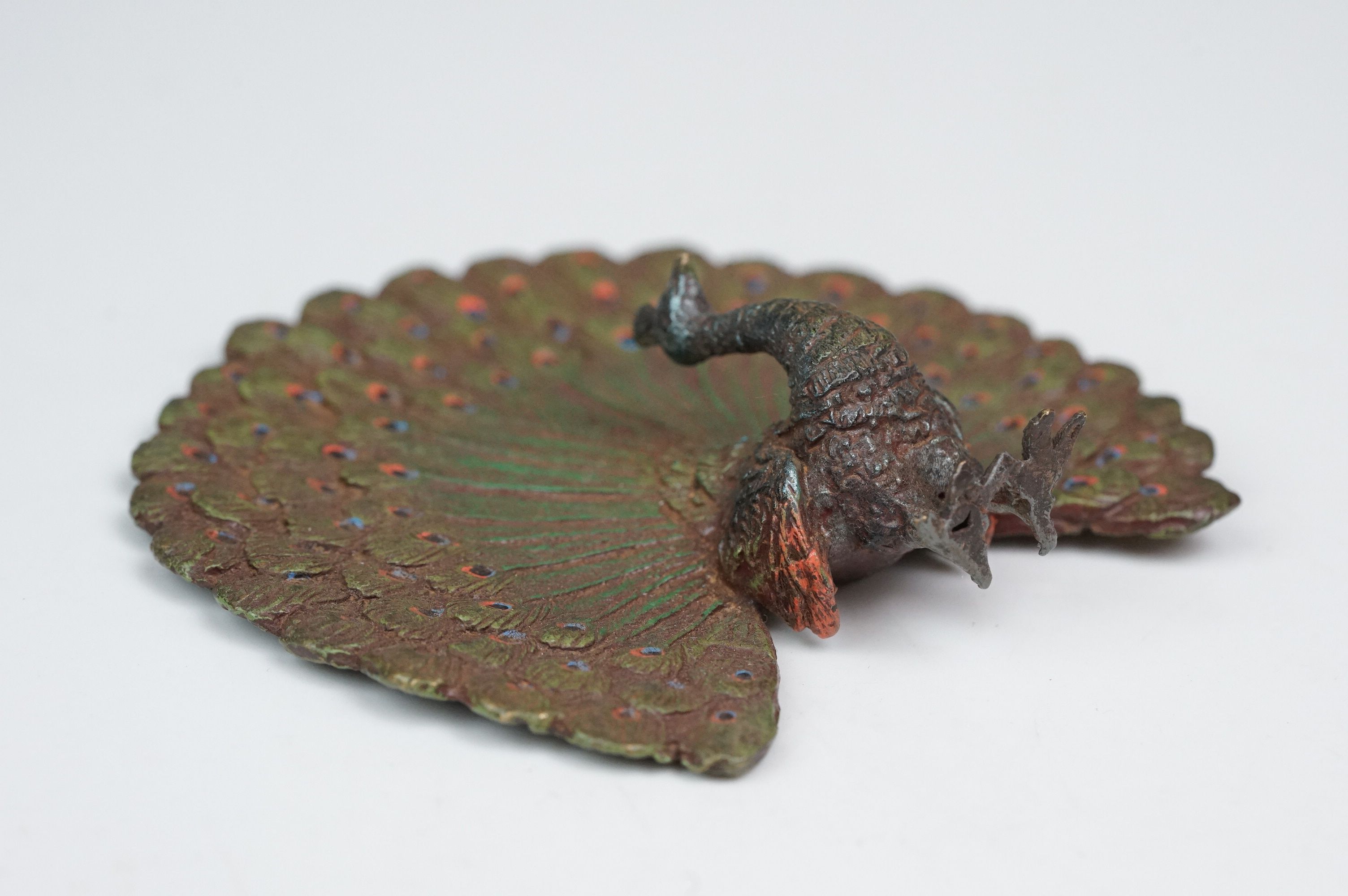 Cold painted bronze figure of a peacock with extended feathers - Image 5 of 6