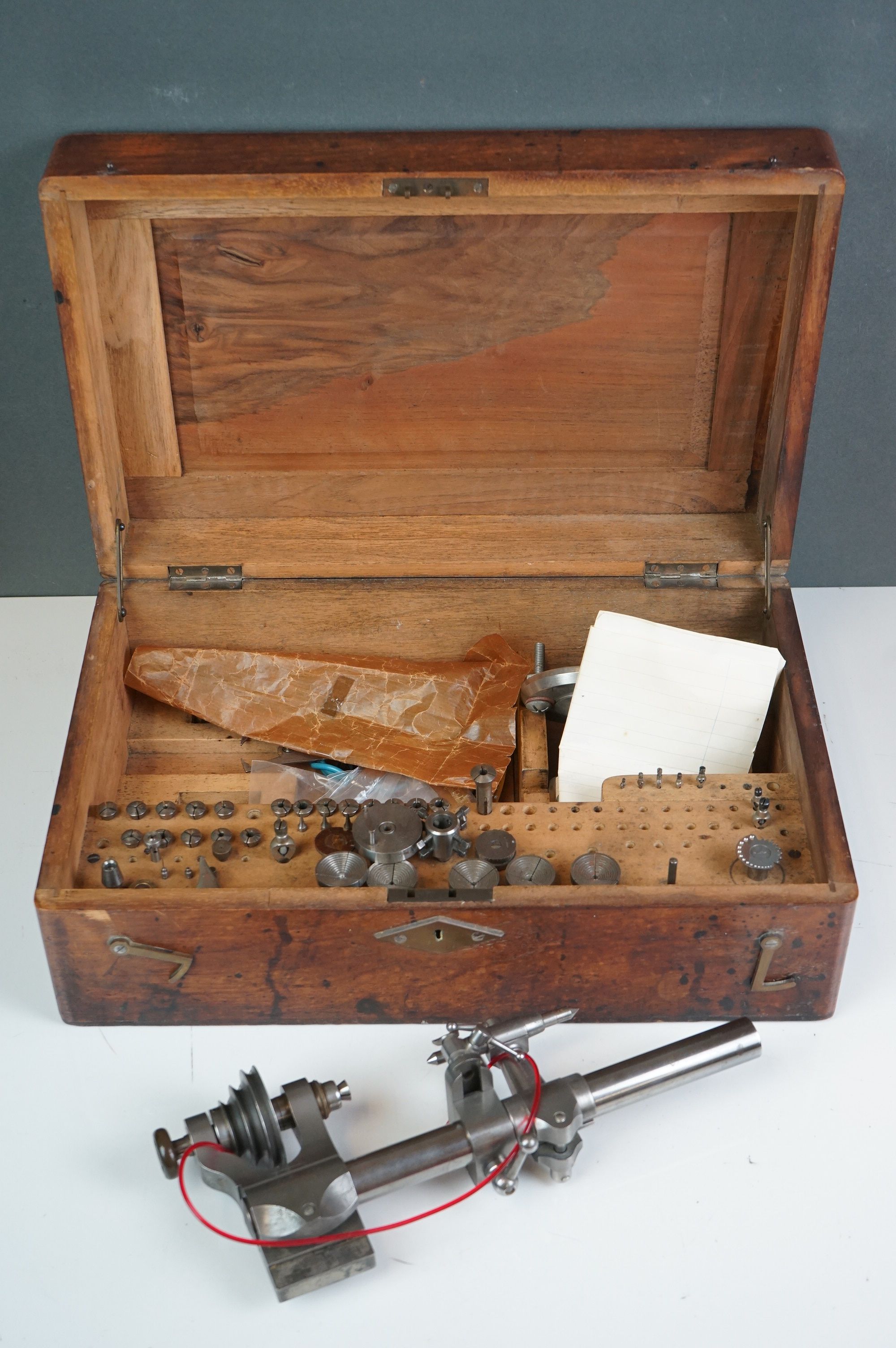 Early 20th century Wooden Watch Repairers Box fitted with various equipment, 38cms long