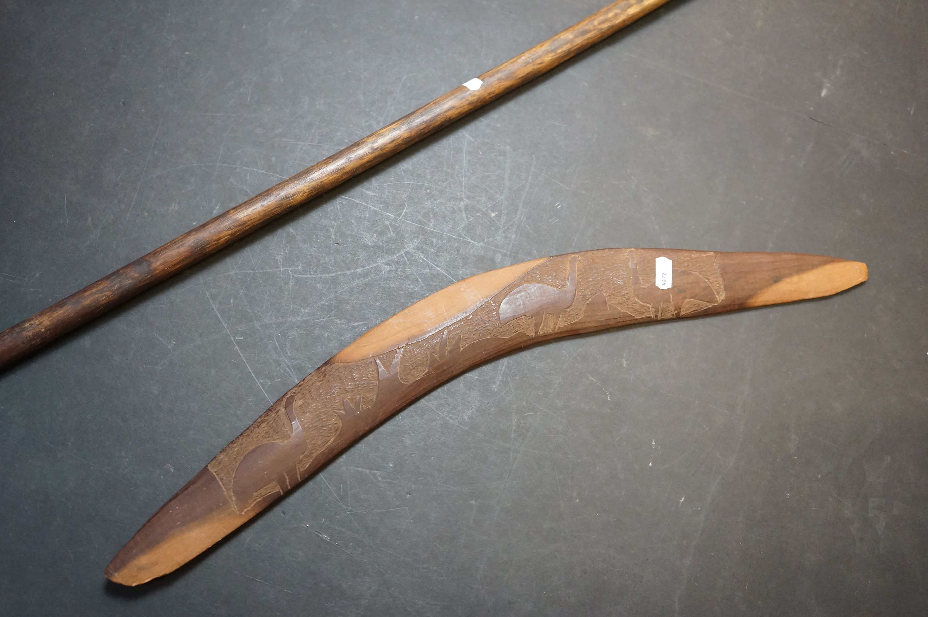 A vintage carved wooden boomerang with Emu decoration and a Wooden Staff - Image 2 of 3