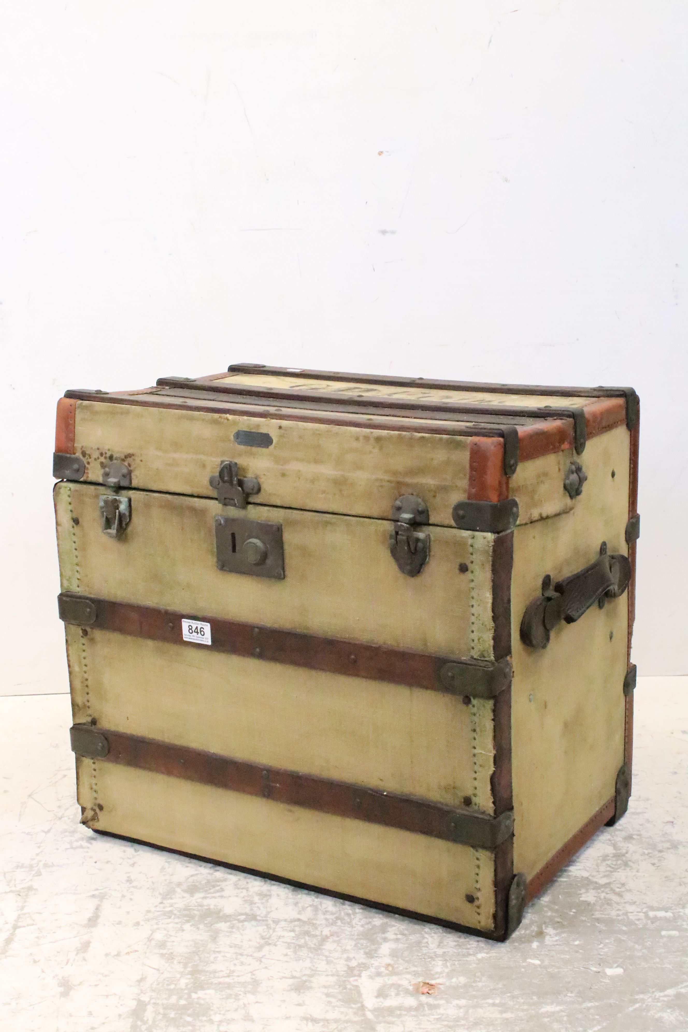 Late 19th / Early 20th century Campaign Wooden Bound and Canvas Trunk from York House (Junior Army &