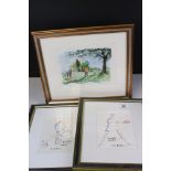 Tim Bulmer (cartoonist) a pair of humorous tennis watercolour cartoons & a signed Angela Fielder