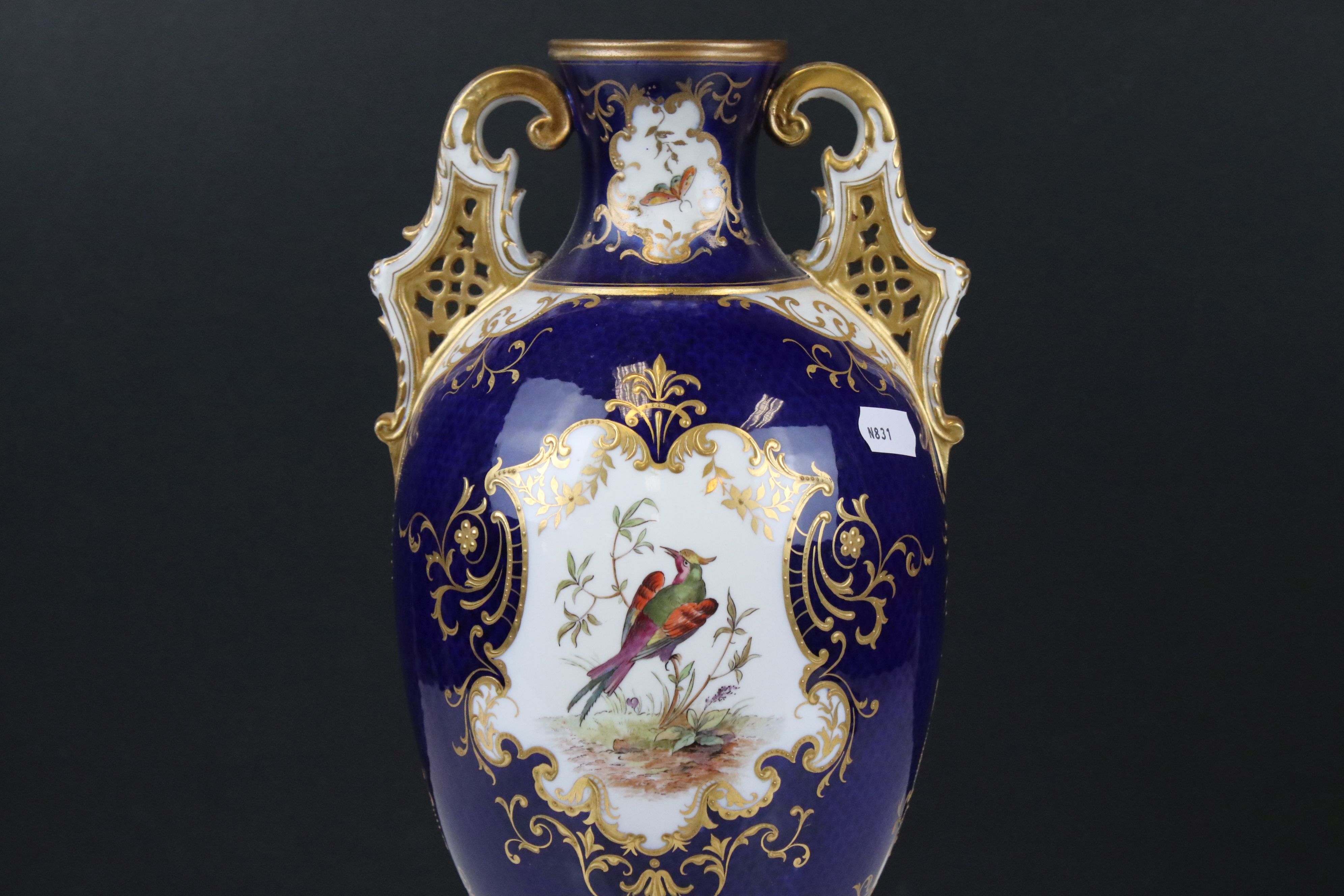 Early 20th century Coalport Twin Handled Vase, painted with panels of an exotic birds, floral sprays - Image 2 of 10