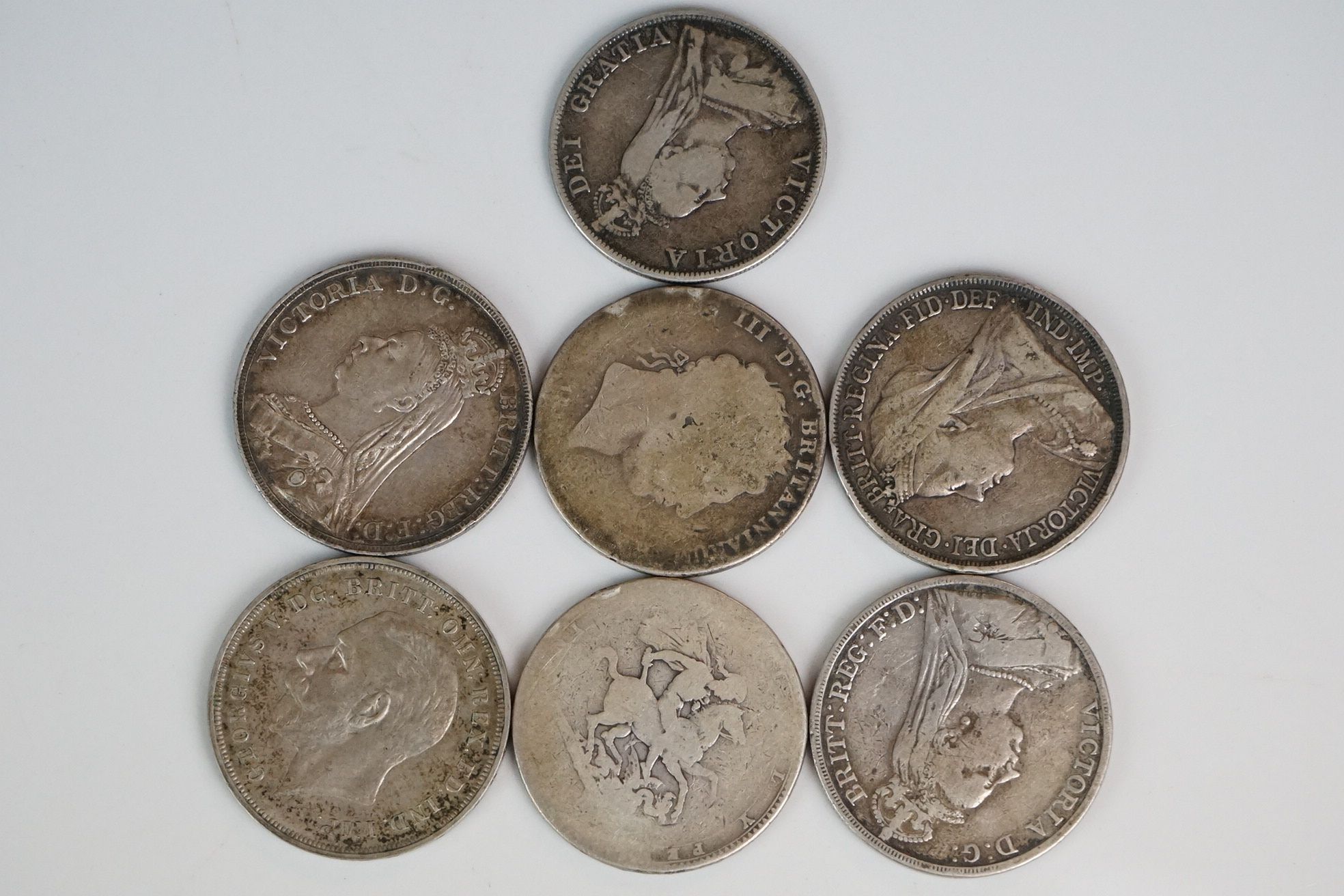 A collection of six silver crown coins to include Victorian examples together with a Victorian - Image 3 of 3