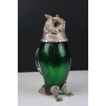 Large Silver Plated and Green Glass Claret Jug in the form of an Owl with Amber Glass Eyes, 29cms