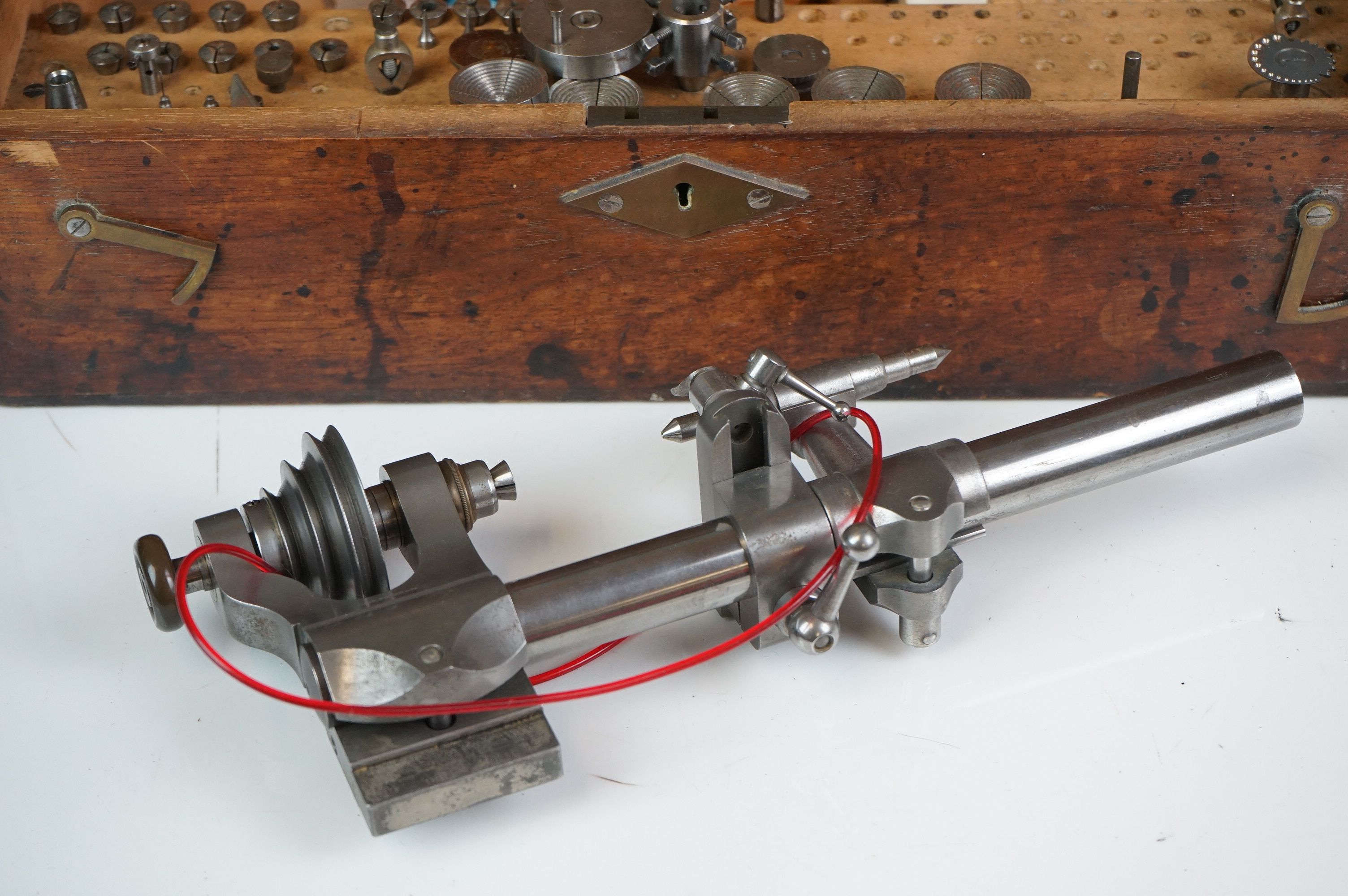 Early 20th century Wooden Watch Repairers Box fitted with various equipment, 38cms long - Image 2 of 5