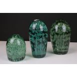 Three Victorian Green Glass Dump Paperweights with controlled bubble decoration , tallest 17cms