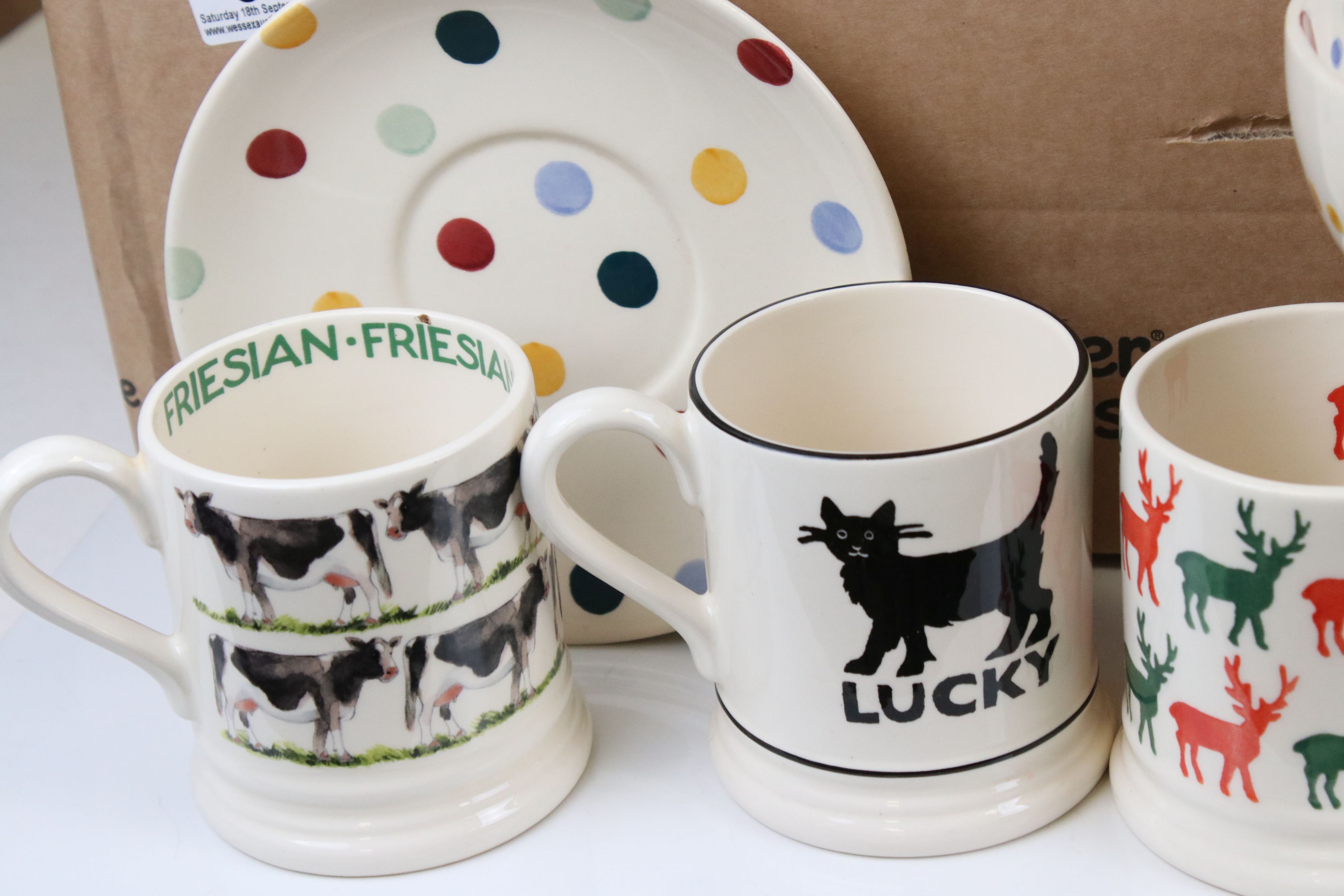 Emma Bridgewater - Three Mugs including Friesian, Lucky Black Cat and Stags, Polka Dot Saucer, - Image 2 of 5