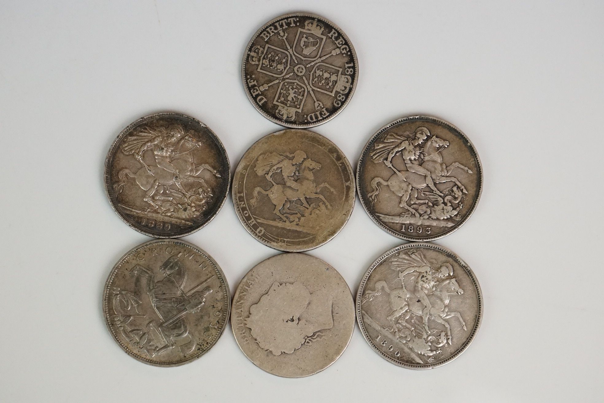 A collection of six silver crown coins to include Victorian examples together with a Victorian - Image 2 of 3