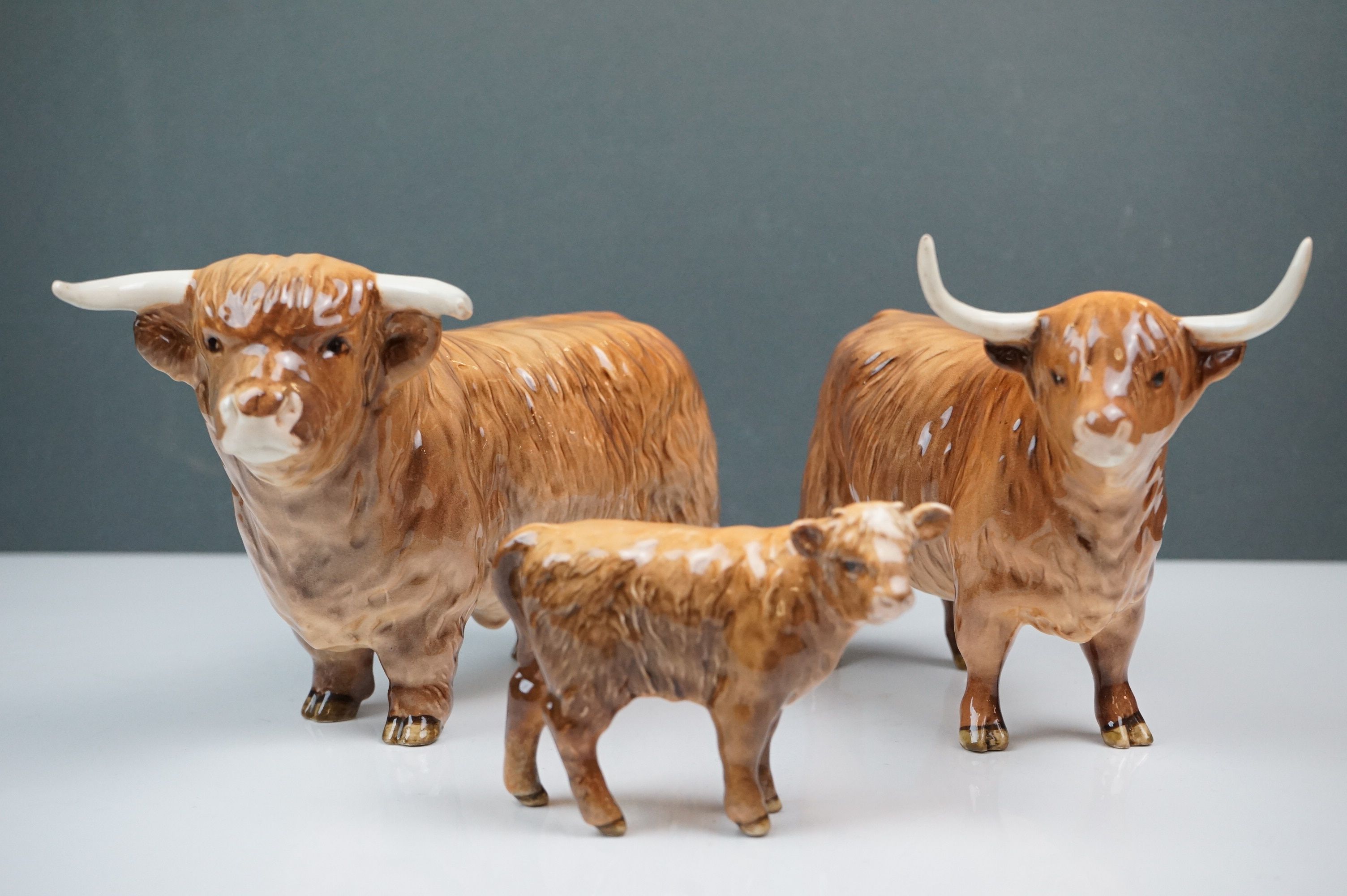 Beswick Highland Cow Family including Highland Bull (no.2008), Highland Cow (no.1740) and Highland