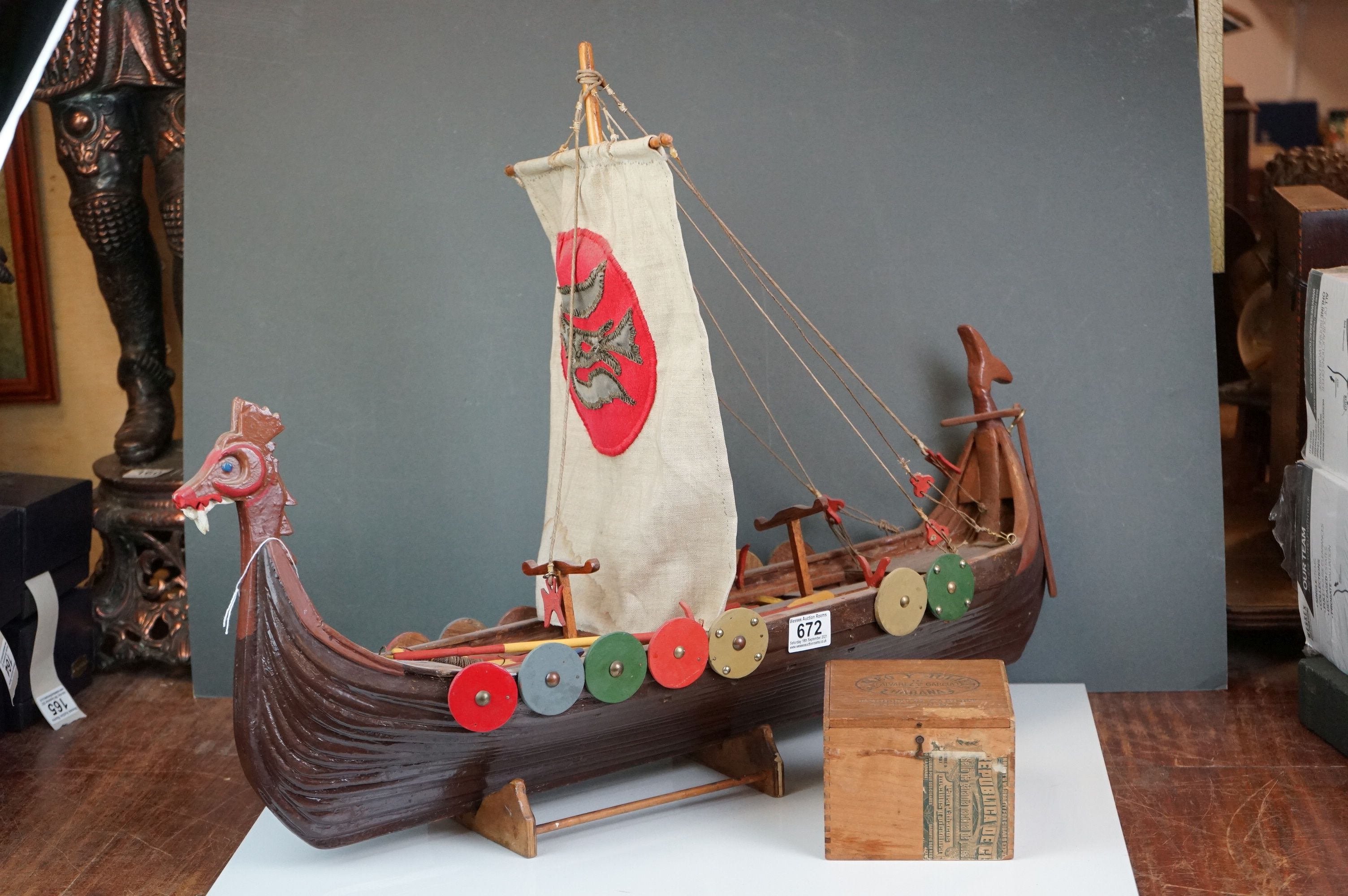 Scratch Built Wooden Painted Model of a Viking Boat, 73cms long