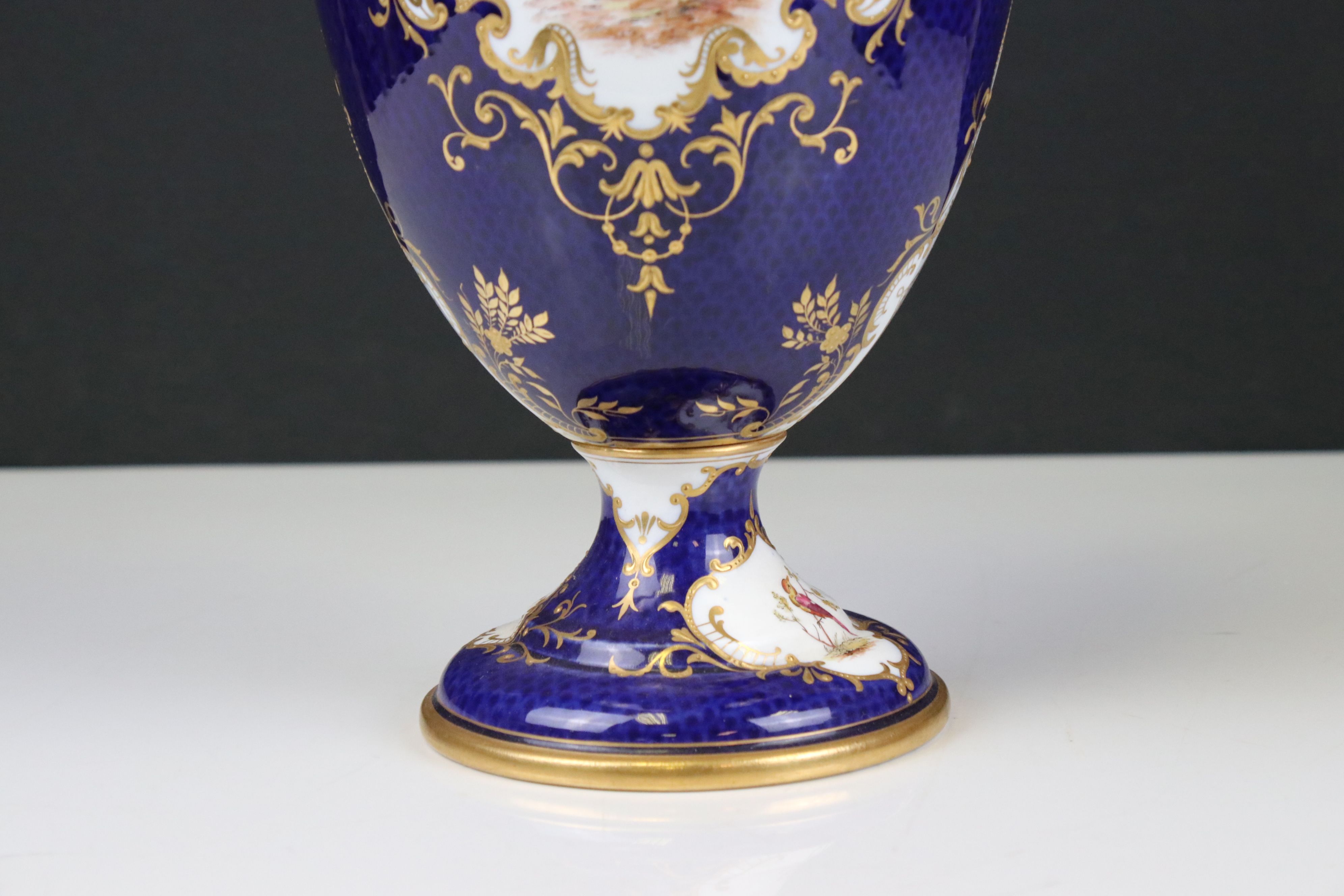 Early 20th century Coalport Twin Handled Vase, painted with panels of an exotic birds, floral sprays - Image 3 of 10