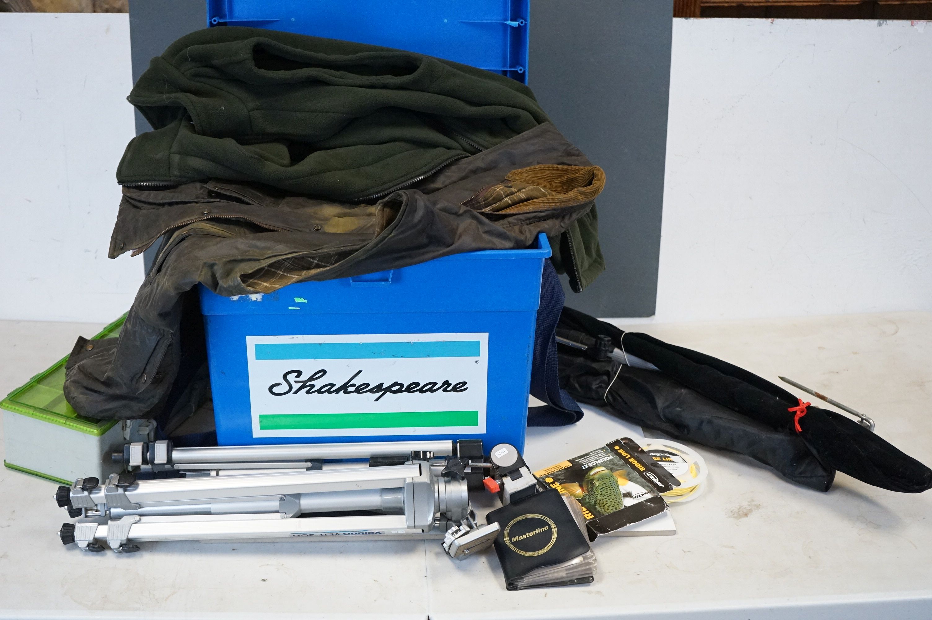 Shakespeare Seat Fishing Box, various tackle, reel, fishing waistcoats & two camera tripods