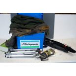 Shakespeare Seat Fishing Box, various tackle, reel, fishing waistcoats & two camera tripods