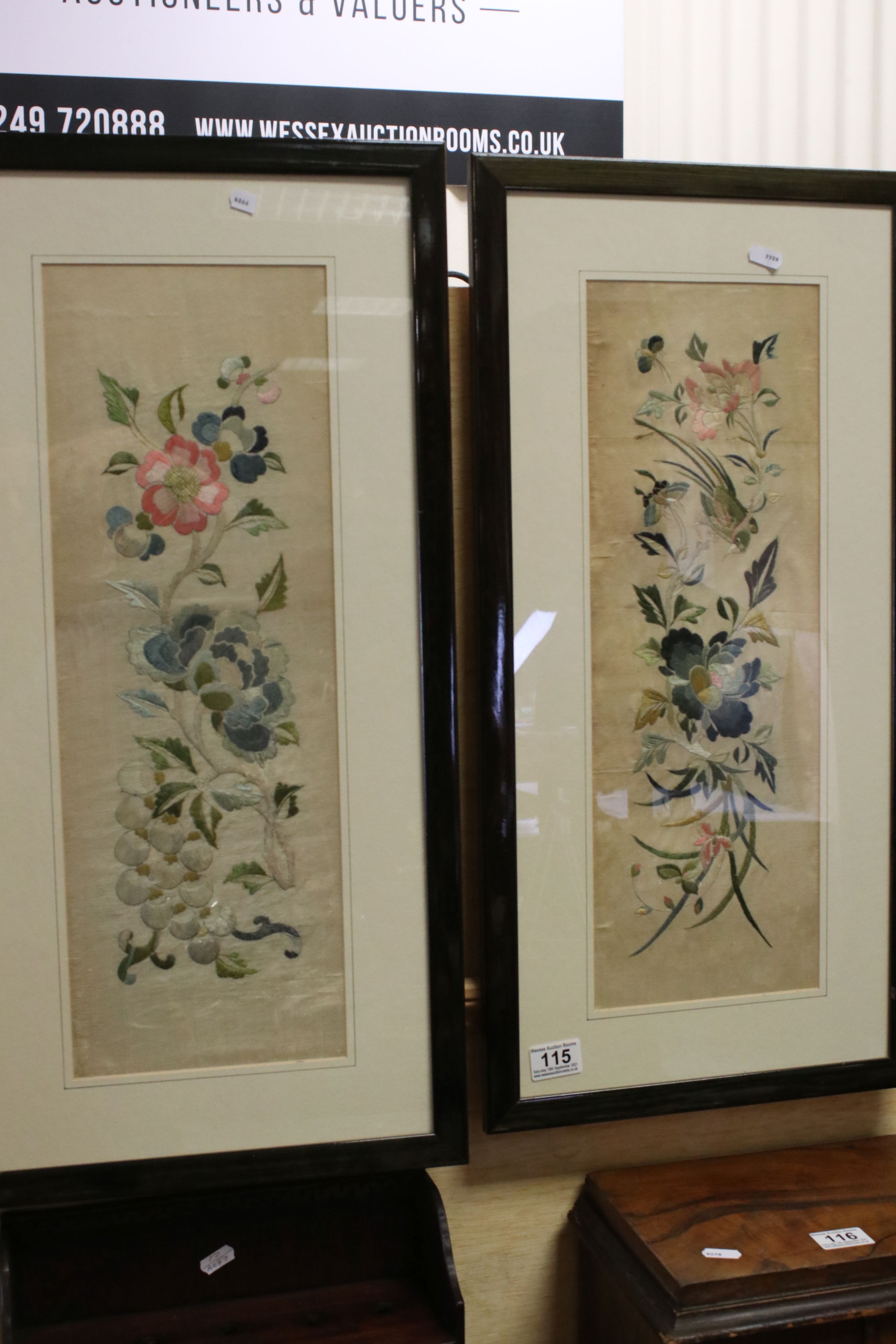 Pair of Framed and Glazed Oriental Silk Embroideries, one depicting birds, butterflies and flowers