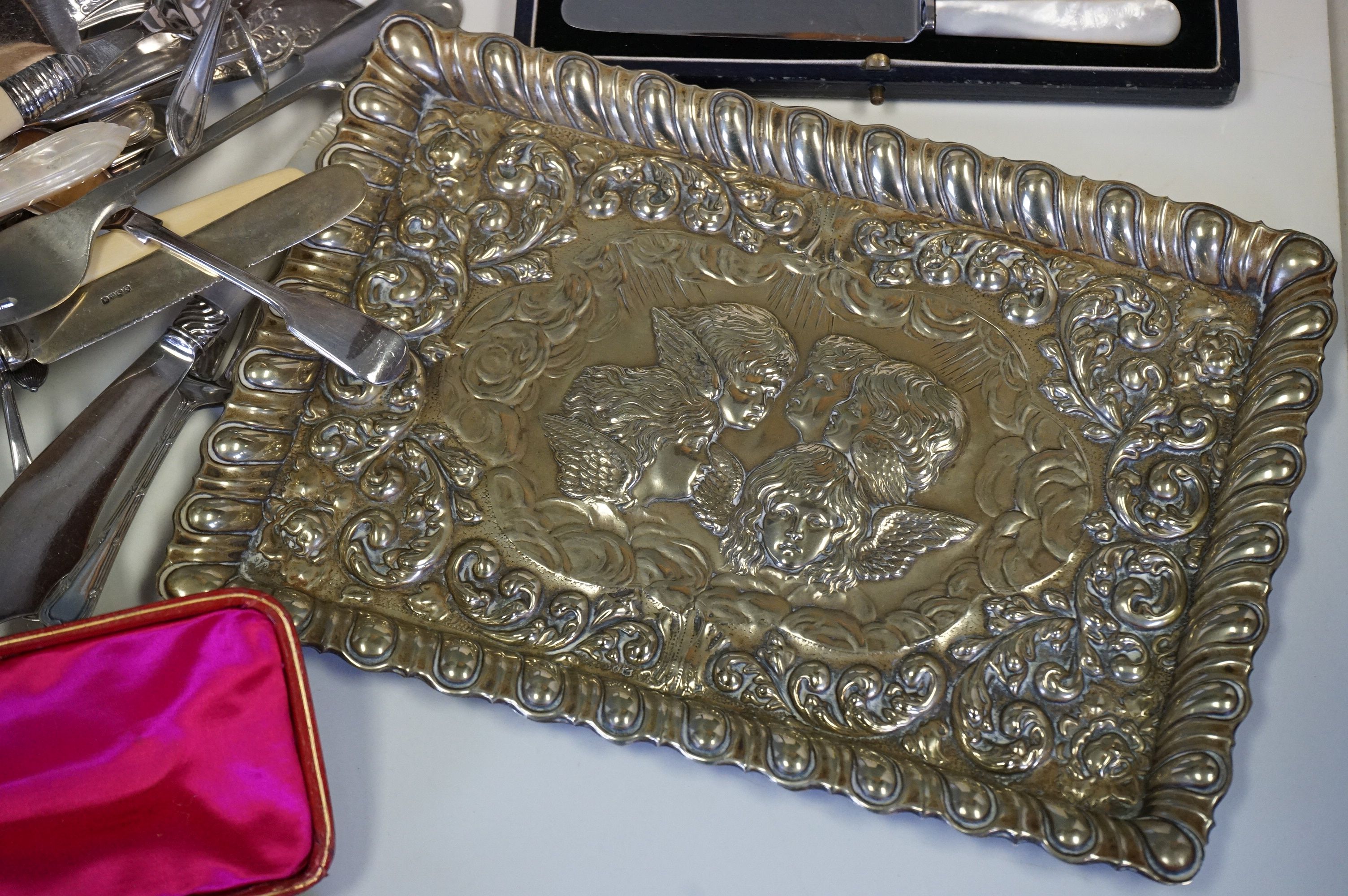 A collection of silver plated items to include cutlery, tray and a Reynolds Angles tray. - Image 3 of 5