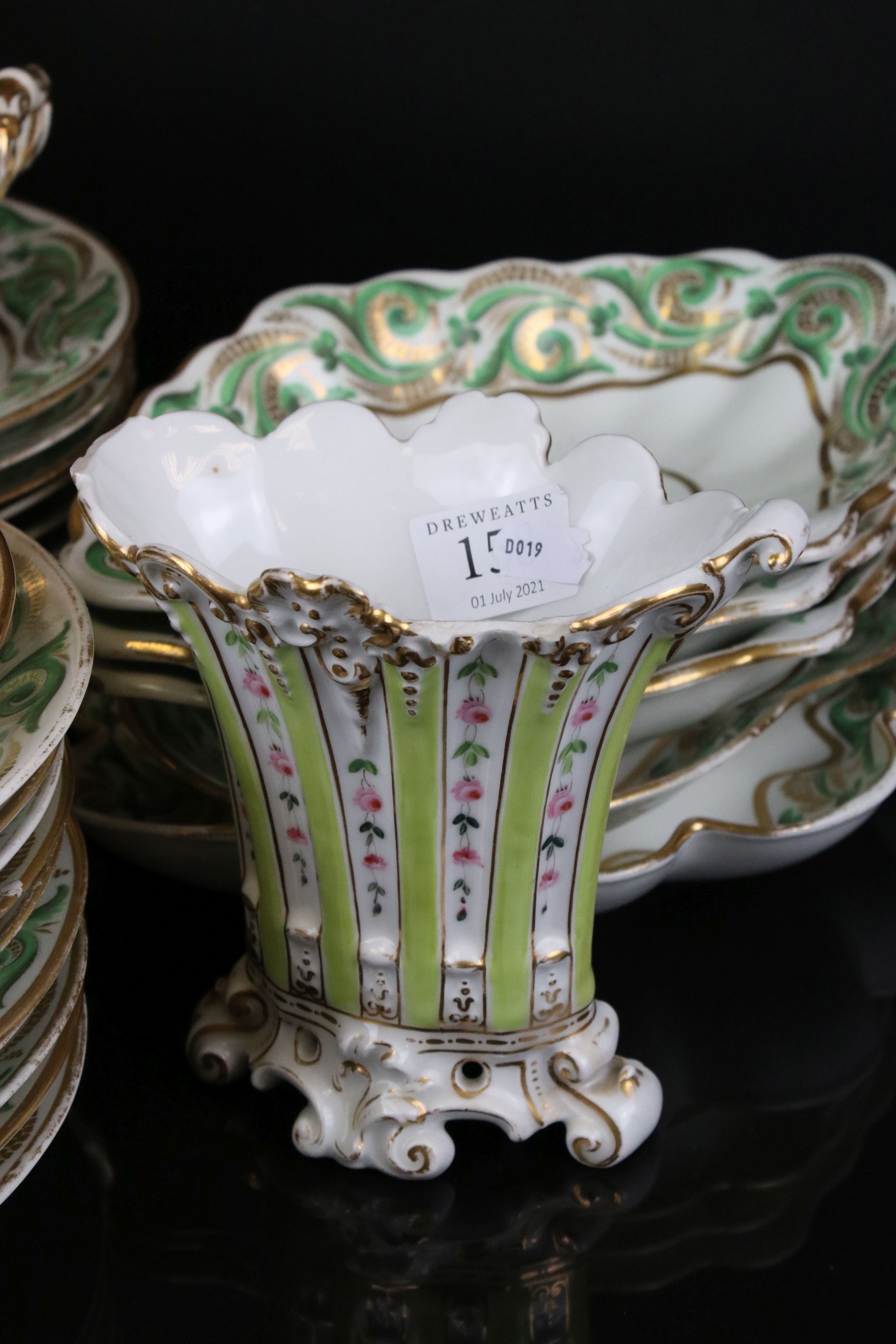 Early 19th century Derby porcelain service, white ground with apple green and gilt scrolling - Image 2 of 8