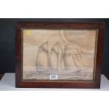 19th century pencil drawing of a clipper with three masts, in a rosewood frame
