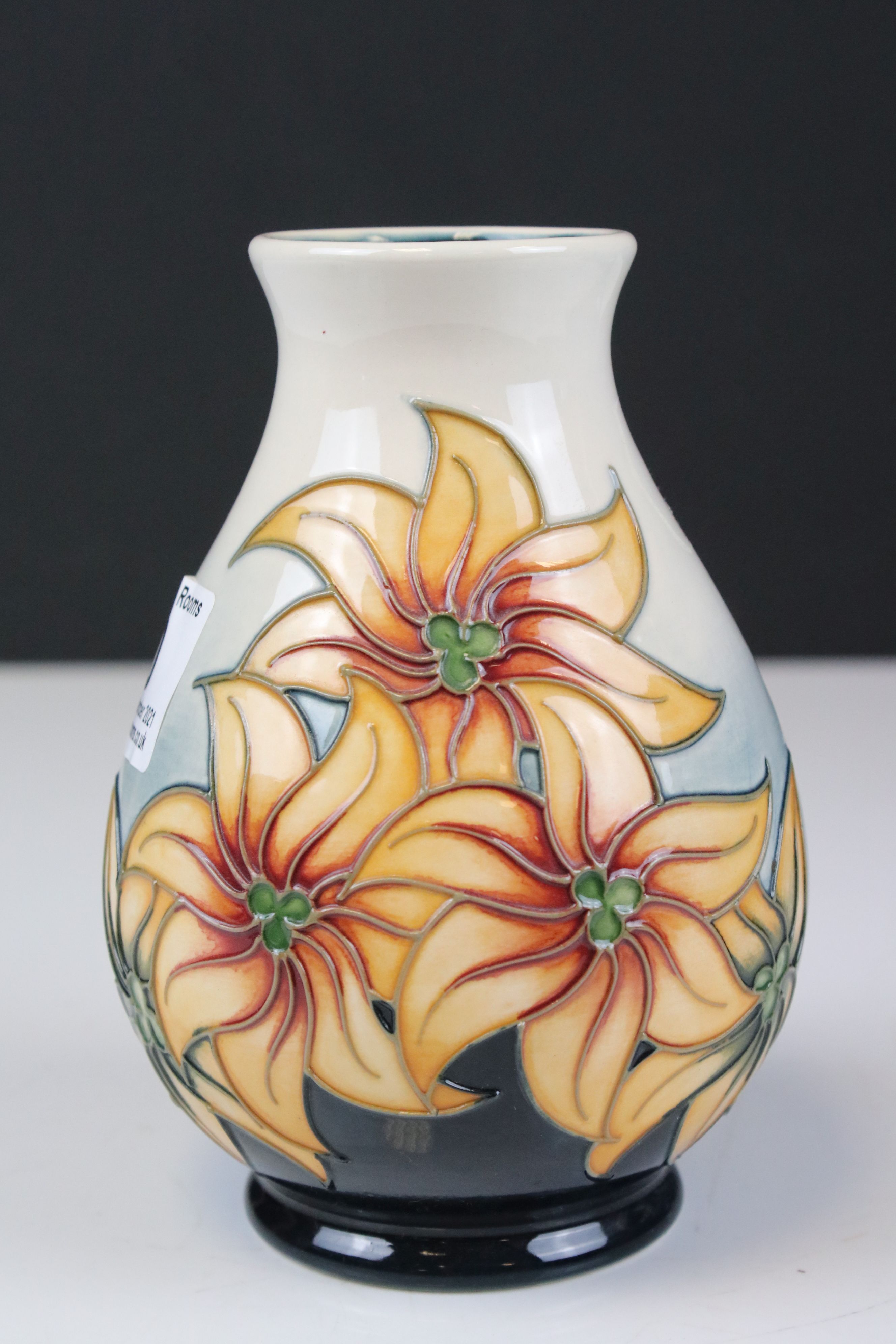 Moorcroft Vase decorated with Orange Flowers on a White and Teal ground., 14cms high, boxed - Image 2 of 5