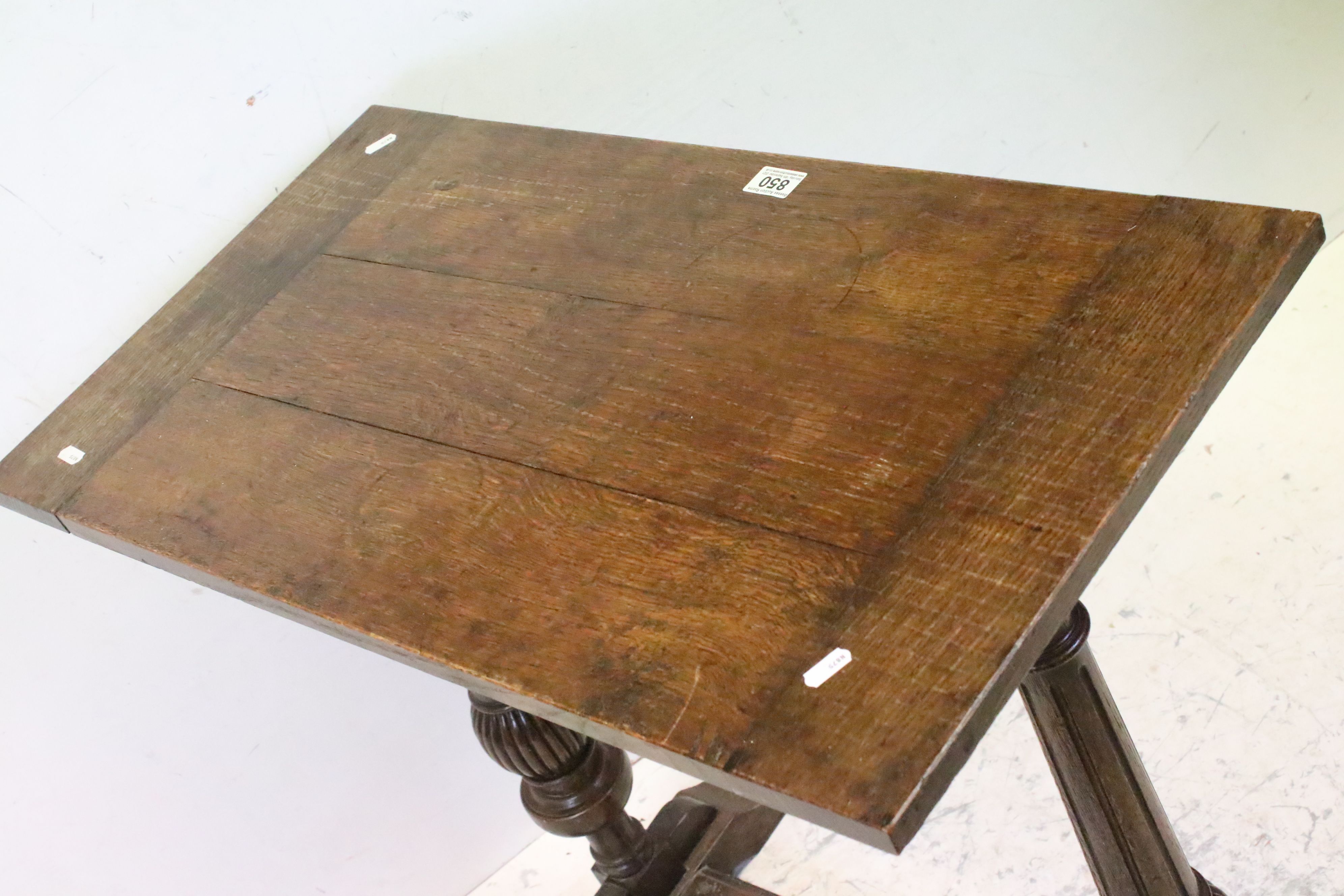 Oak Side Table in the 17th century manner, raised on turned bulbous supports and a cross- - Image 4 of 4