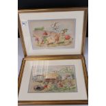 George E Hobbs, a pair of framed vintage children's illustration prints, Vegeman and the Brownies'