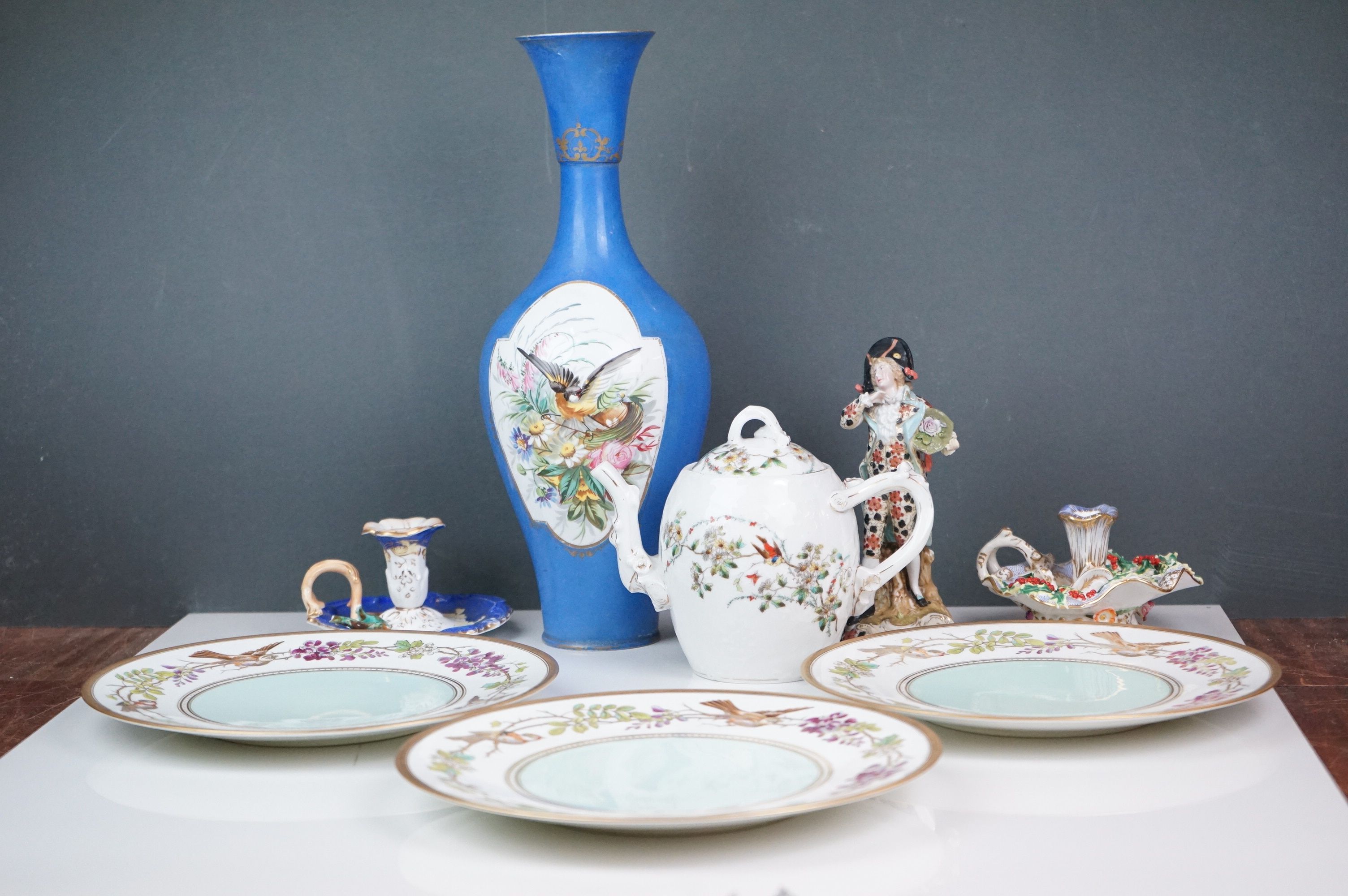 19th century Porcelain Teapot with bird and floral decoration, 14cms high together with Coalport