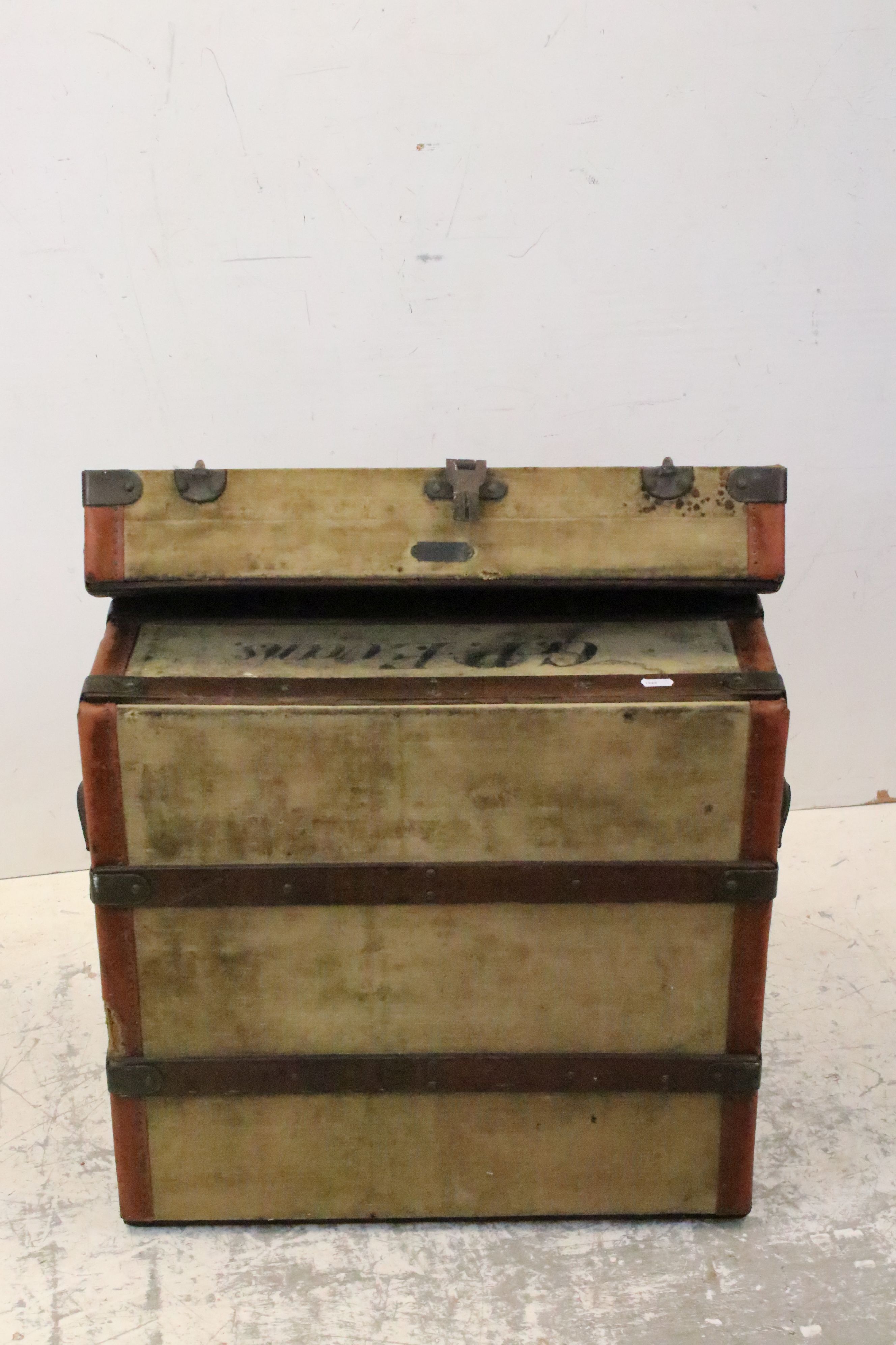 Late 19th / Early 20th century Campaign Wooden Bound and Canvas Trunk from York House (Junior Army & - Image 4 of 5