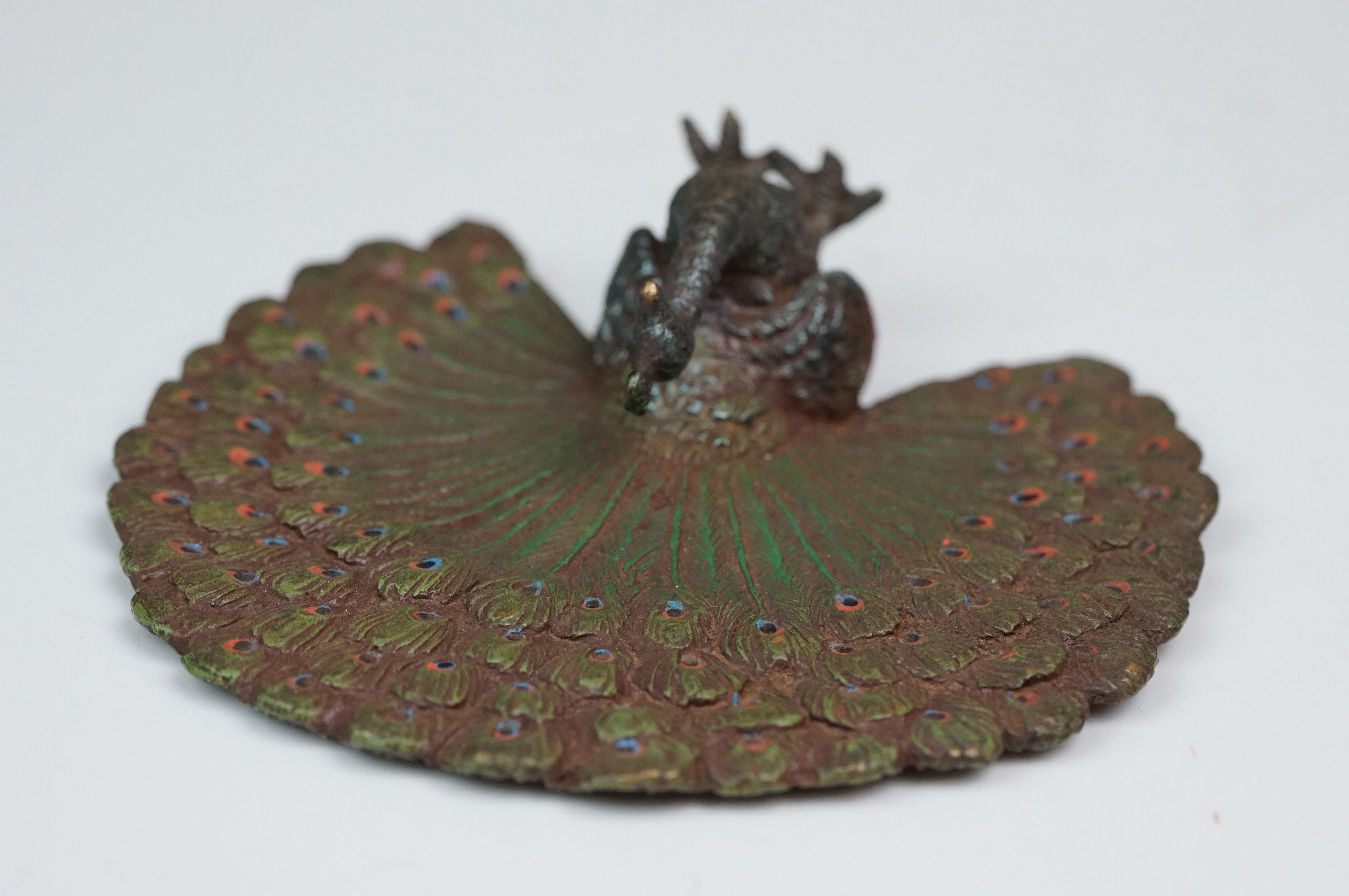 Cold painted bronze figure of a peacock with extended feathers - Image 6 of 6