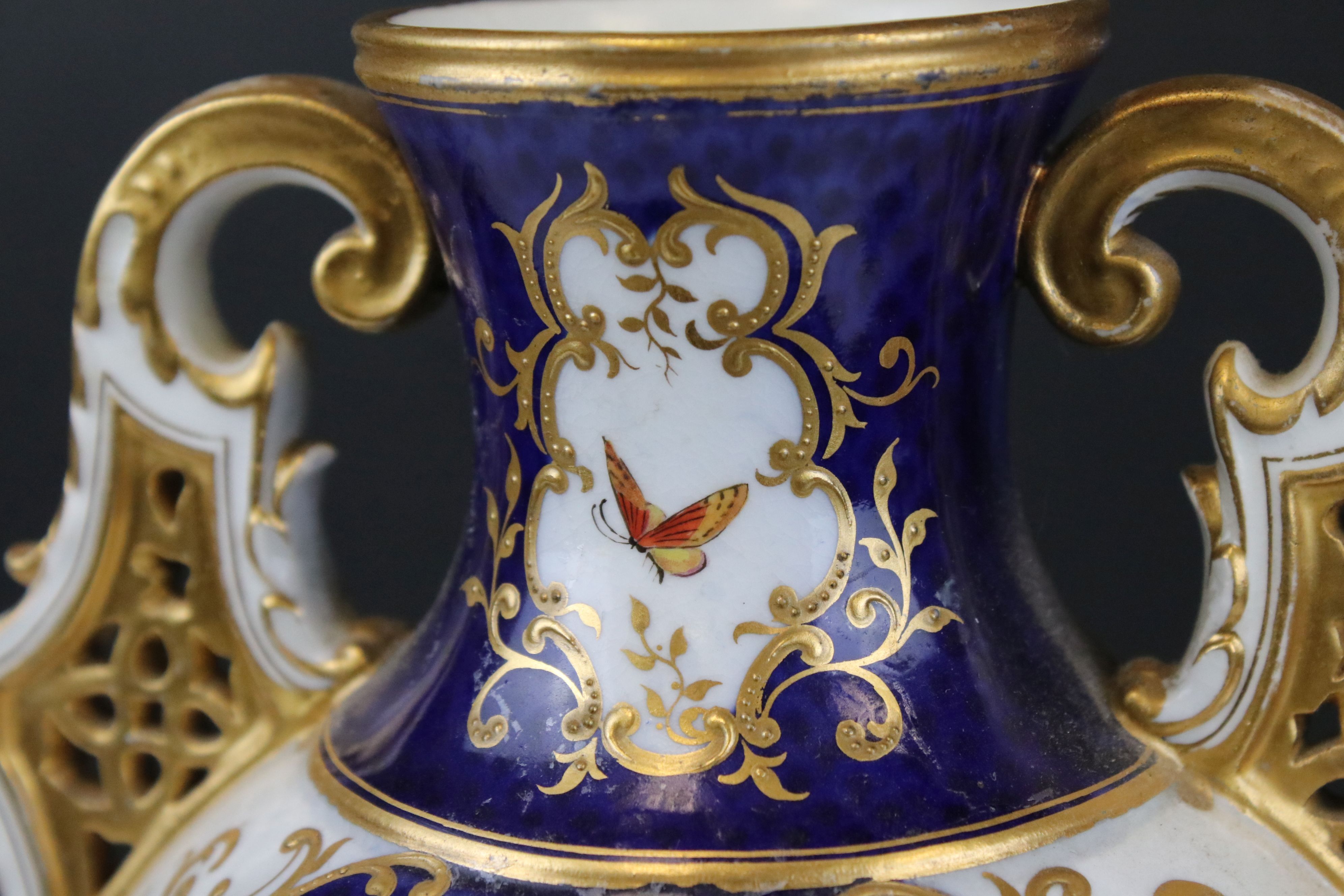 Early 20th century Coalport Twin Handled Vase, painted with panels of an exotic birds, floral sprays - Image 8 of 10