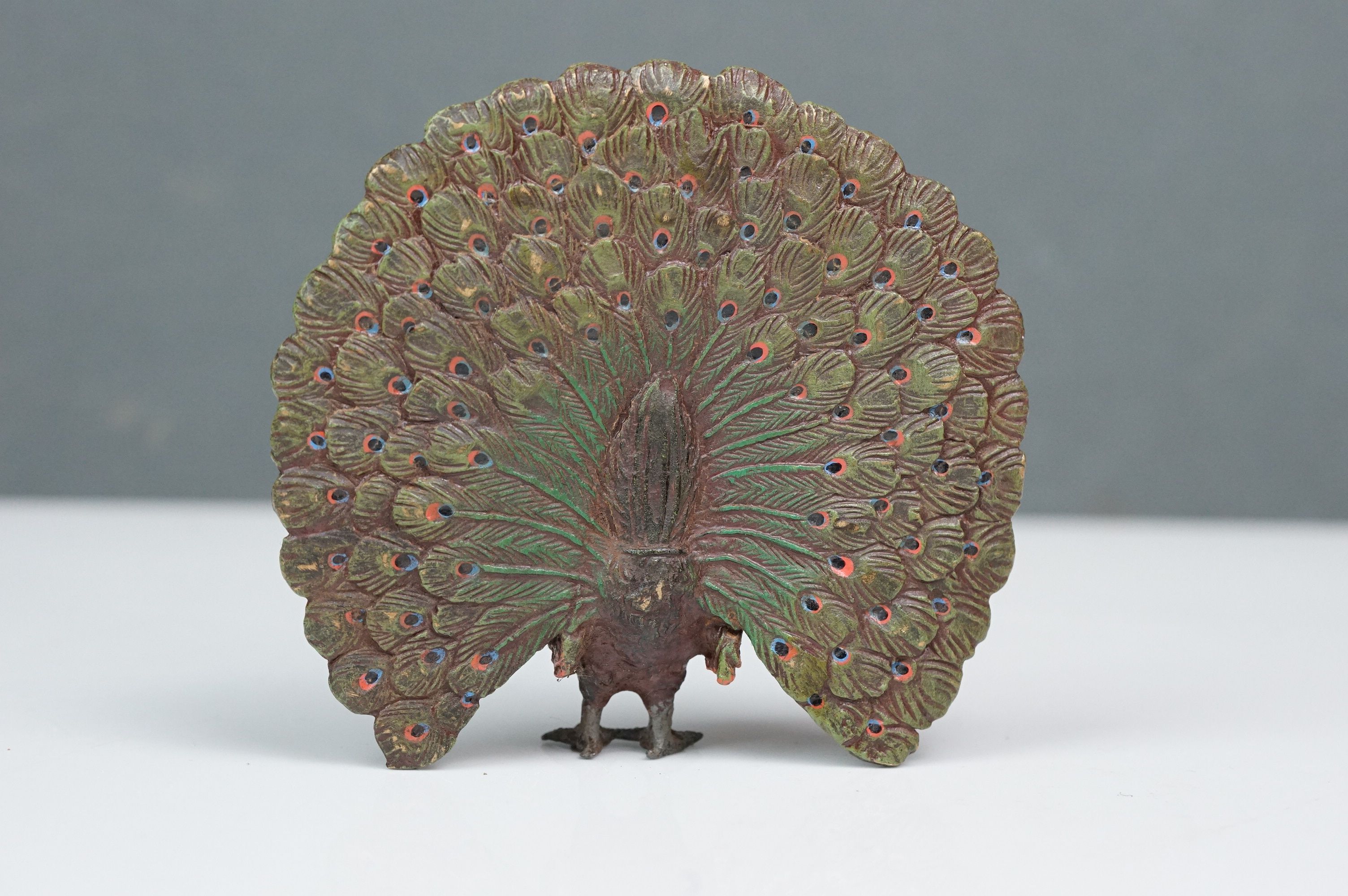 Cold painted bronze figure of a peacock with extended feathers - Image 4 of 6