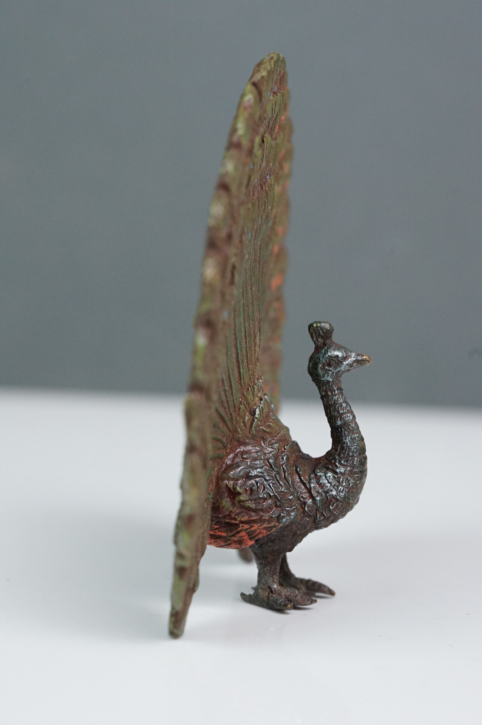 Cold painted bronze figure of a peacock with extended feathers - Image 2 of 6