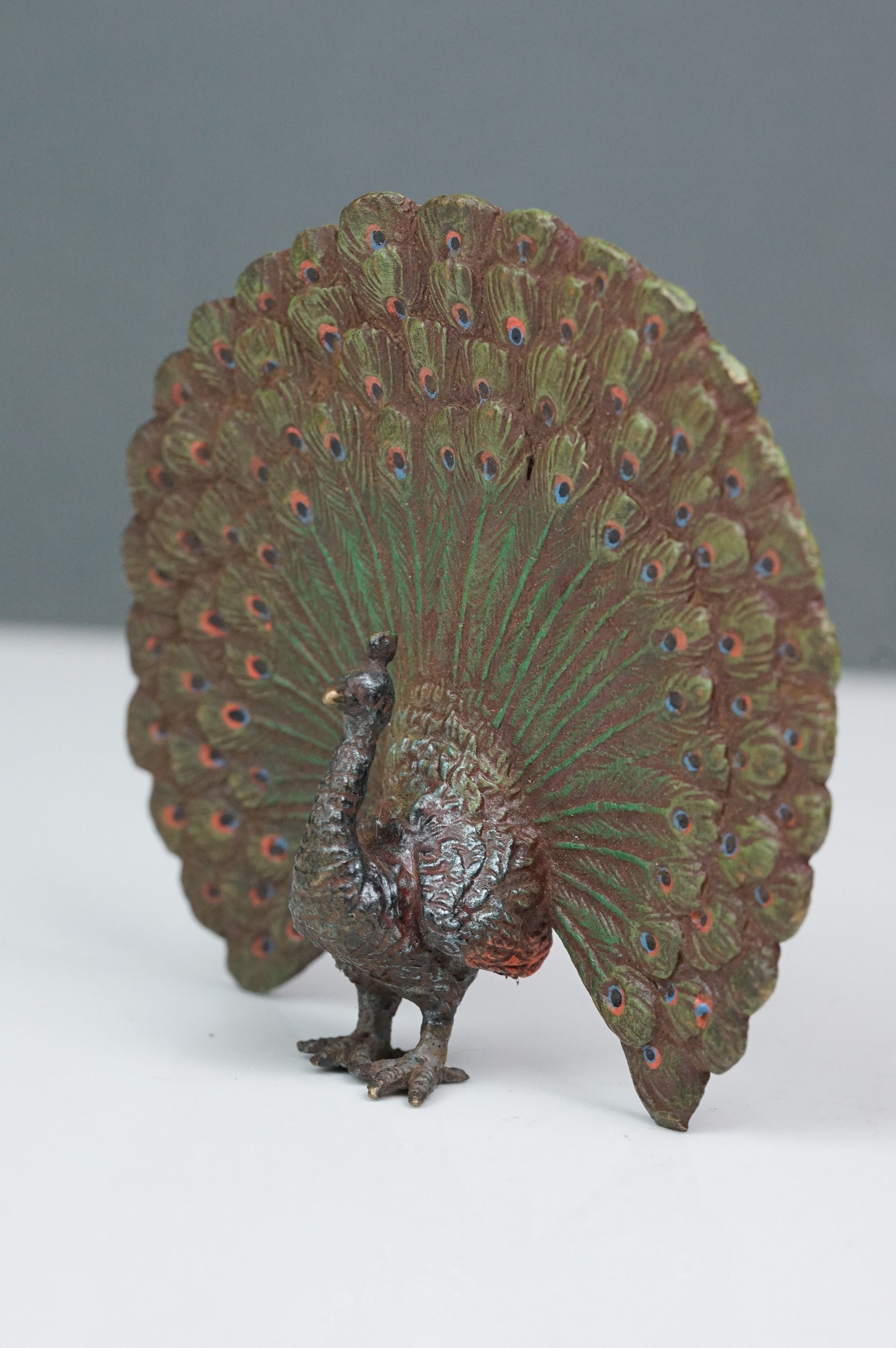 Cold painted bronze figure of a peacock with extended feathers - Image 3 of 6