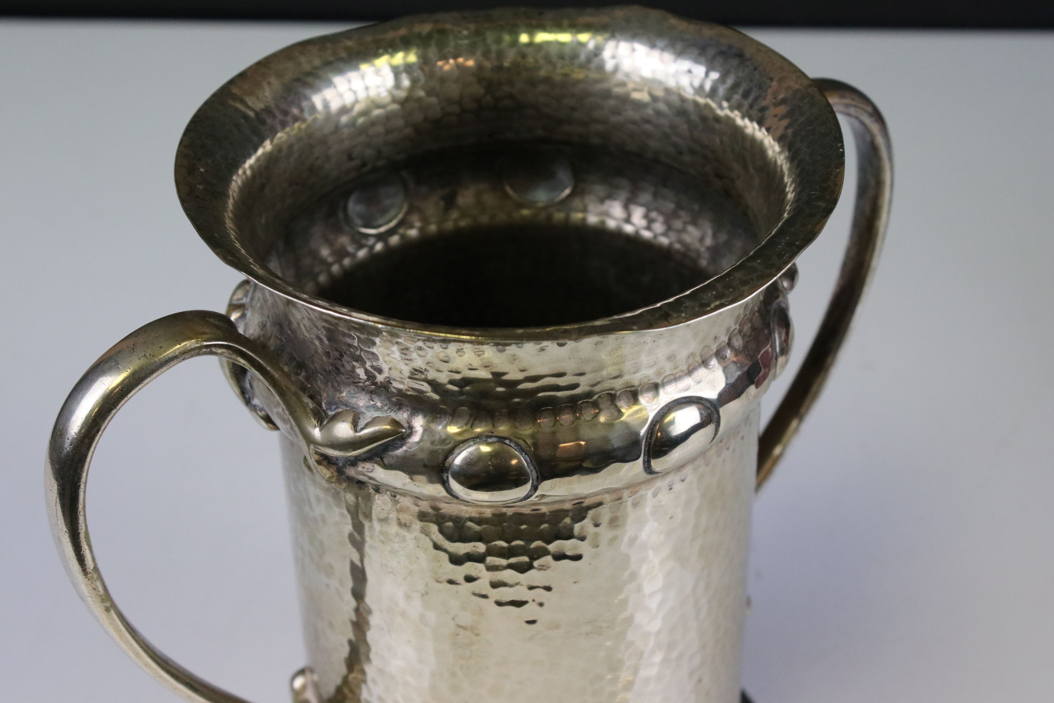 Art Nouveau Polished Hammered Pewter Twin Handled Vase, marks to base for H J Cooper & Co Ltd, 19cms - Image 5 of 6