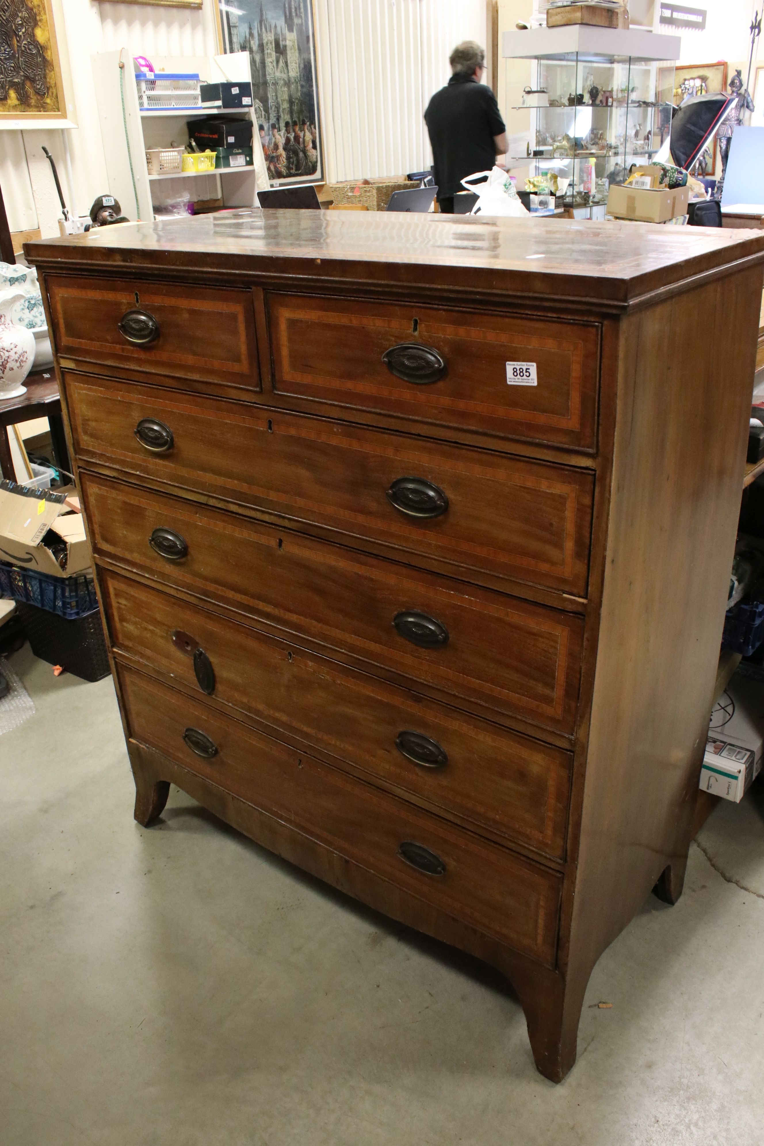 Early 19th century Mahogany Inlaid Chest of Two Short over Three Long Drawers, raised on swept