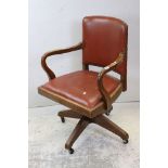 Early to Mid 20th century ' Hillcrest ' Oak and Vinyl Upholstered Swivel Office Chair, 59cms wide