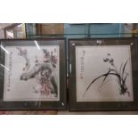 Two Oriental Watercolours of Flowers and Foliage, both signed, 48cms x 48cms, framed and glazed