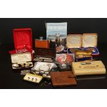 A box of mixed collectables to include a pocket watch, bakelite shaving set, a silver and amber