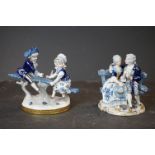 Pair of Continental Porcelain Figure Groups, painted in blue with gilt highlights, 15cms high