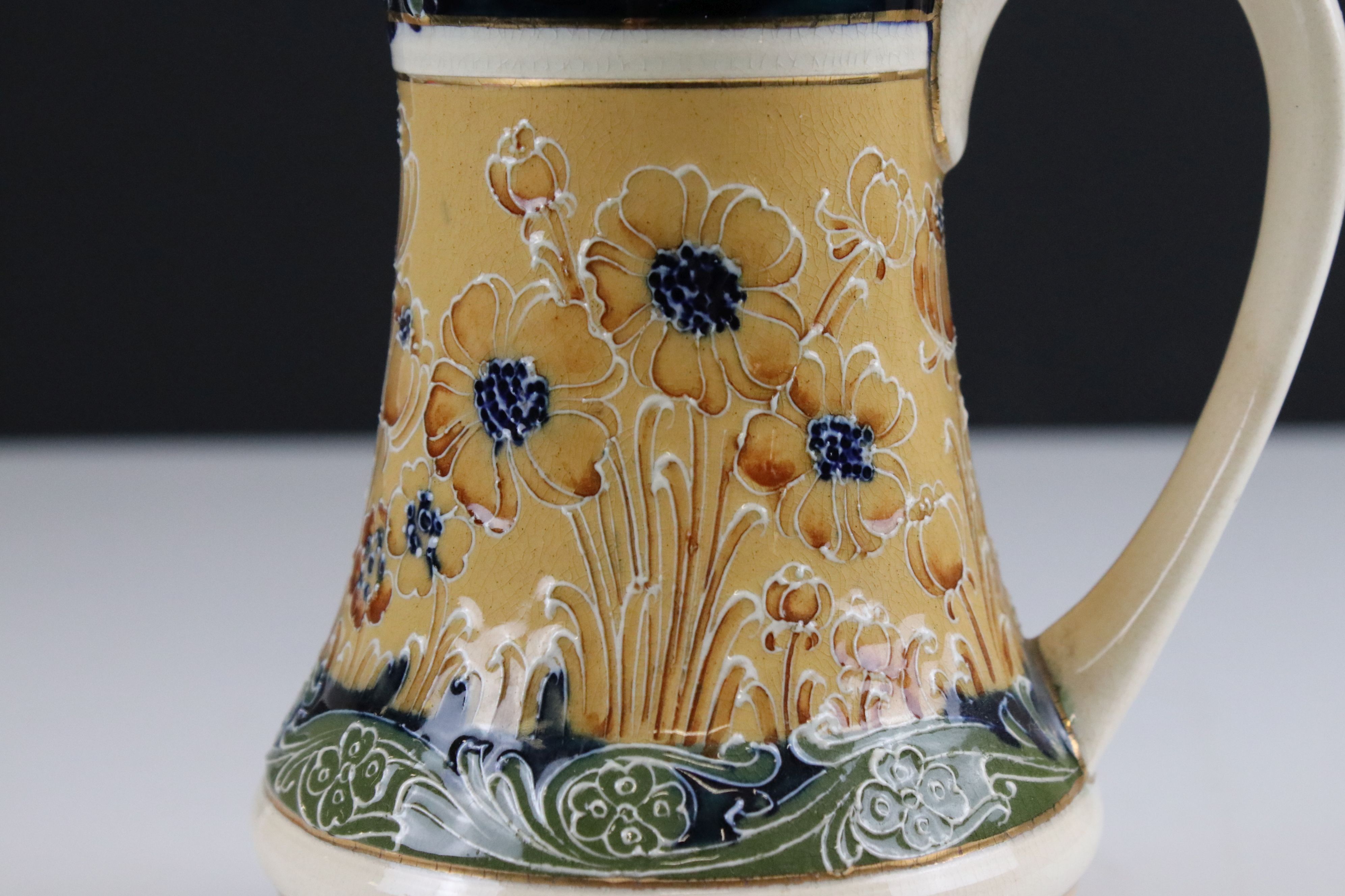 Late 19th / Early 20th century James Macintyre ' Gesso Faience ' Water Jug with pewter lid decorated - Image 8 of 16