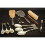 A box of silver and silver plated items to include a fully hallmarked sterling silver brush and
