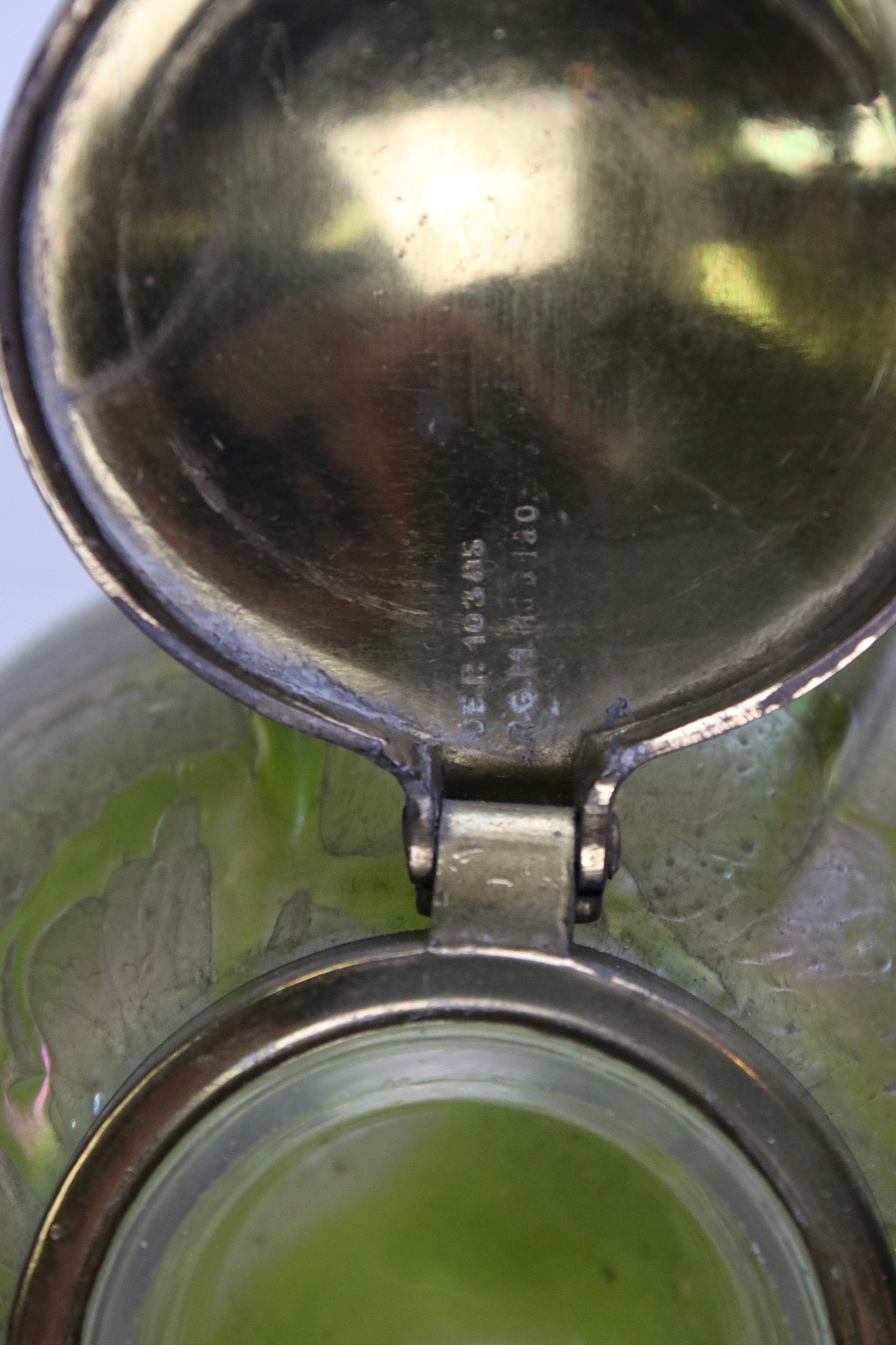 Art Nouveau ' Loetz ' iridescent glass Inkwell with a green trail work design, the brass lid stamped - Image 17 of 18