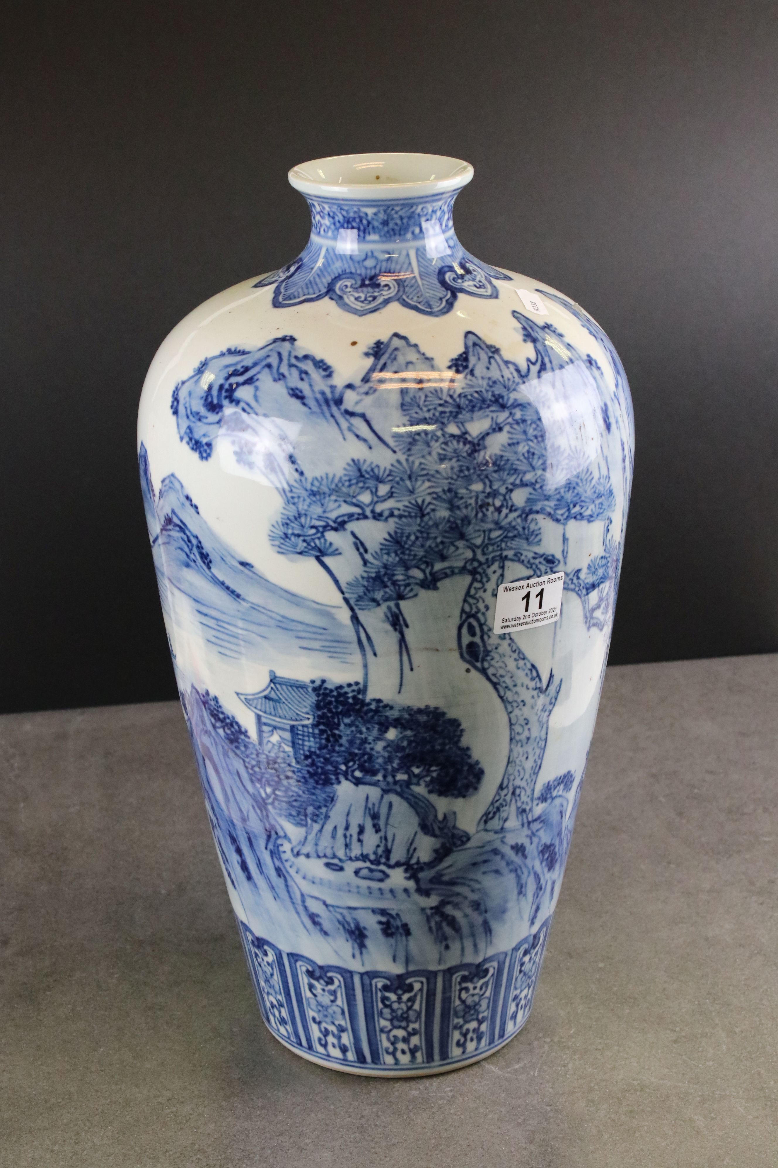 Chinese Blue and White Meiping Plum shaped Vase decorated with figures within a mountainous