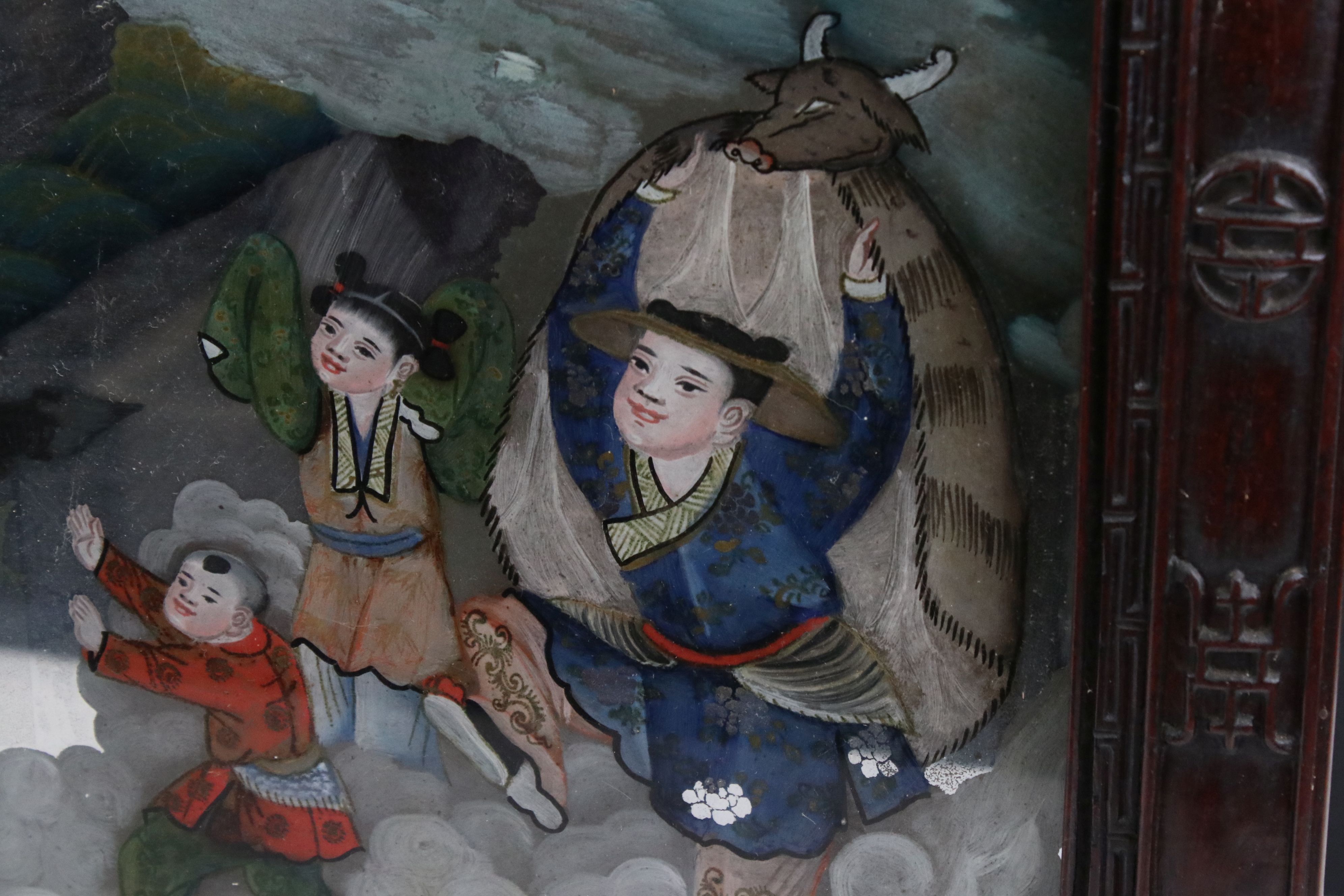 Chinese Reverse Painted Mirror decorated with figures in a landscape floating on clouds contained - Image 7 of 10