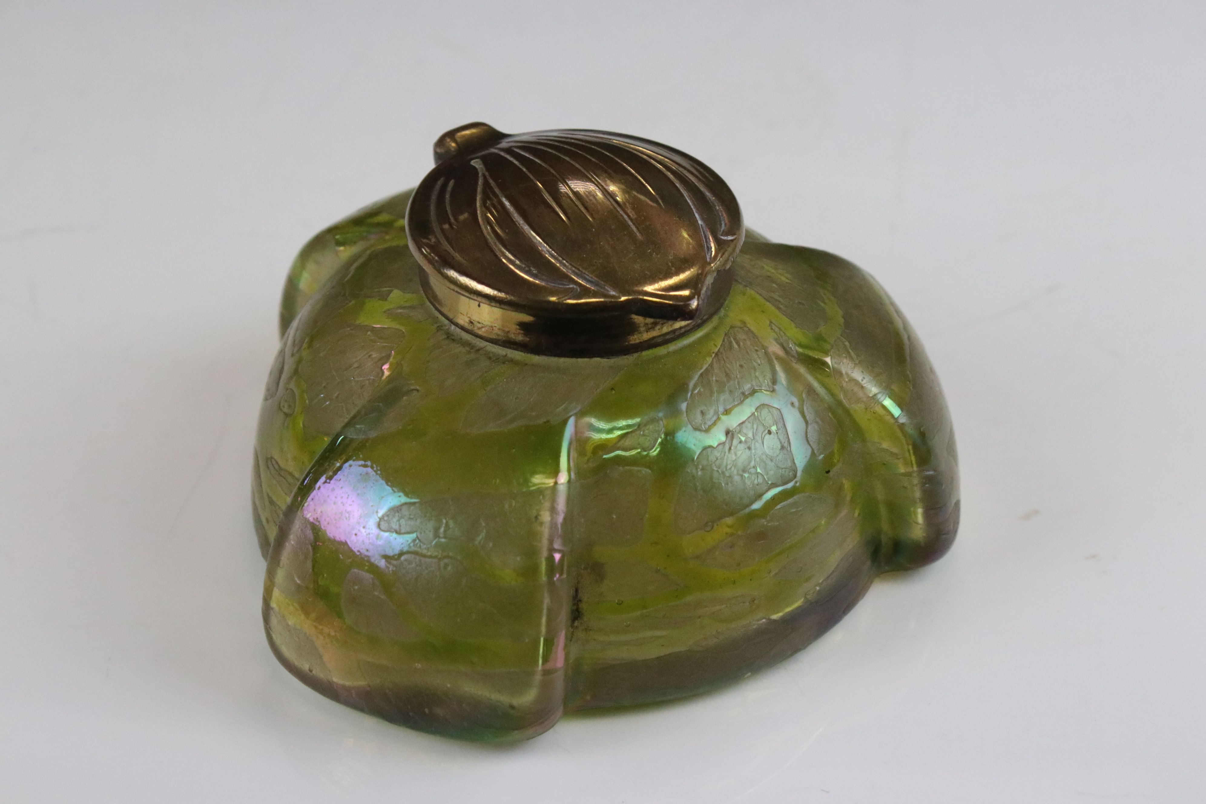 Art Nouveau ' Loetz ' iridescent glass Inkwell with a green trail work design, the brass lid stamped